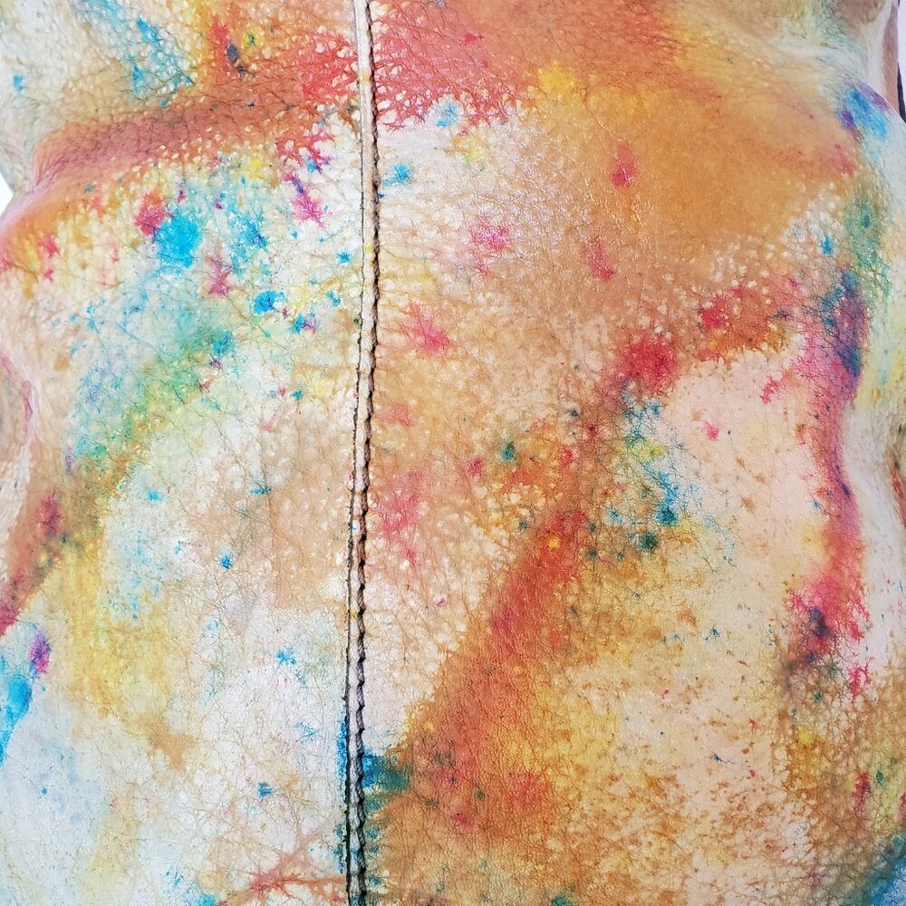 Lucky leather rainbow cowgirl hippie XL tote dyed orange blue green yellow red - Picture 5 of 15